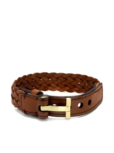 Tom Ford Braided Leather T-bar Bracelet In Brown