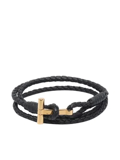 Tom Ford Braided Leather T Bracelet Accessories In Black
