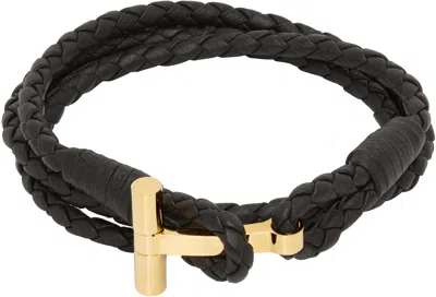 Tom Ford Braided Leather T Bracelet In Black
