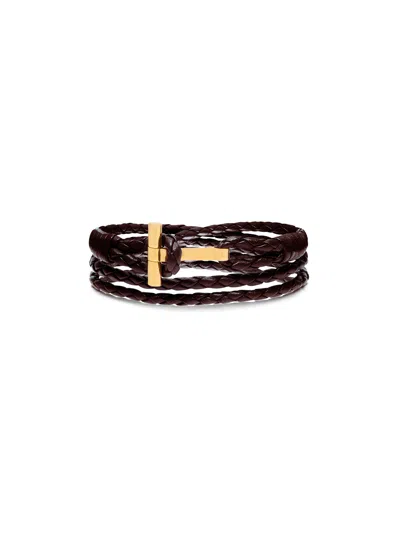 Tom Ford Braided Leather T Bracelet In Brown