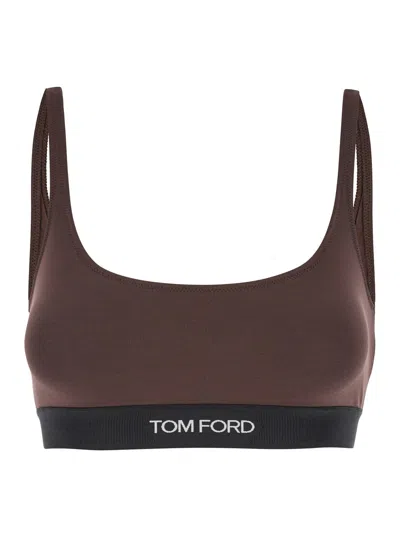 Tom Ford Bralette With Contrasting Logo Print In Stretch Modal In Brown