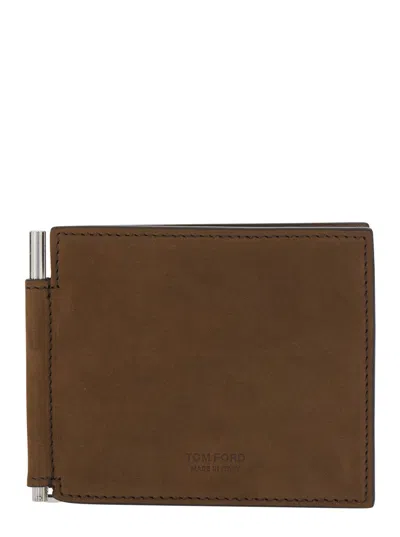 Tom Ford Brown 10 Cm X 8 Cm Leather Wallet With Embossed Logo And Money Clip For Men