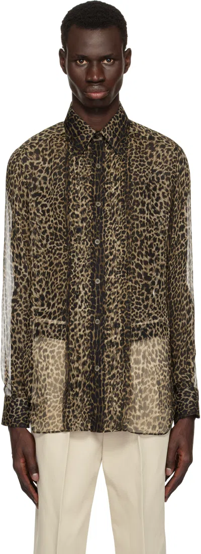 Tom Ford Brown & Black Leopard Plisse Shirt In Leopard Brown Black