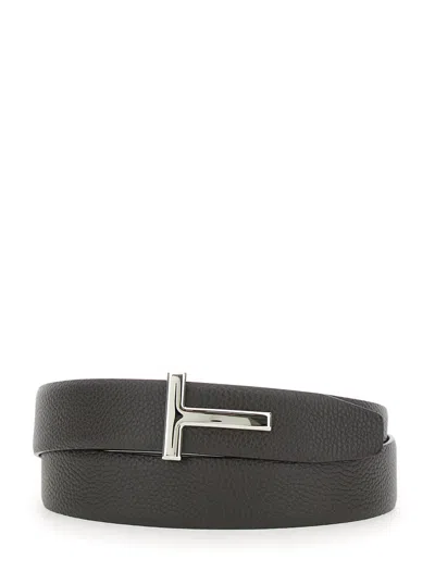 Tom Ford Brown Belt With T Buckle Closure In Grained Leather Man