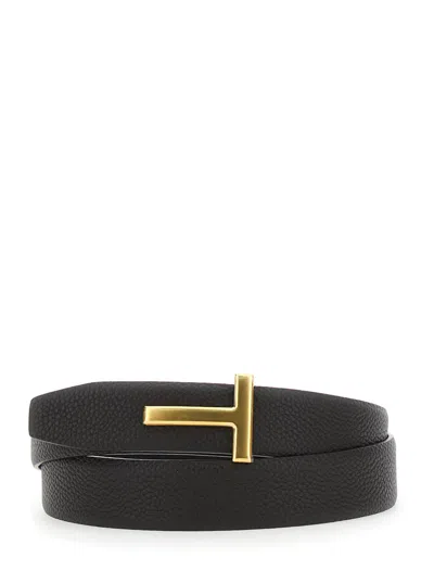 Tom Ford Brown Belt With T-plaque On The Front In Grained Leather Man In Black