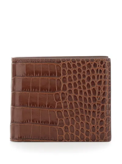 TOM FORD BROWN BI-FOLD WALLET WITH EMBOSSED CROCODILE EFFECT IN LEATHER MAN