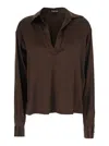 Tom Ford Brown Blouse With V Neck And Wide Pointed Collar In Silk Stretch Woman In Brown
