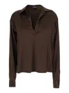 Tom Ford Brown Blouse With V Neck And Wide Pointed Collar In Silk Stretch Woman In Multi