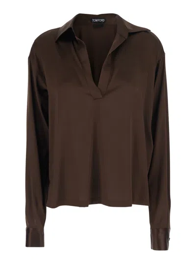Tom Ford Brown Blouse With V Neck And Wide Pointed Collar In Silk Stretch Woman