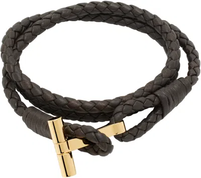 Tom Ford Brown Braided T Leather Bracelet In Dark Brown