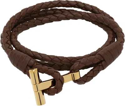 Tom Ford Brown Braided T Leather Bracelet In Tan