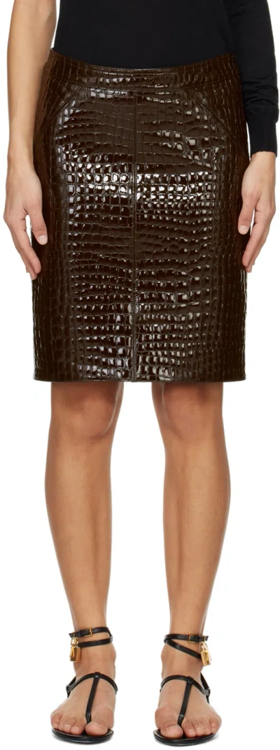 Tom Ford Brown Croc-embossed Leather Miniskirt In Kb869 Dark Chocolate