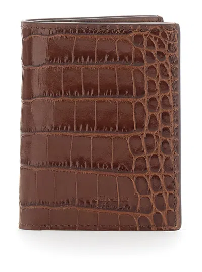 Tom Ford Brown Folded Card Holder With Embossed Crocodile Effect In Leather Man