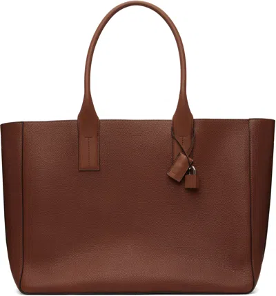 Tom Ford Brown Grain Leather T-line East-west Tote In Burgundy