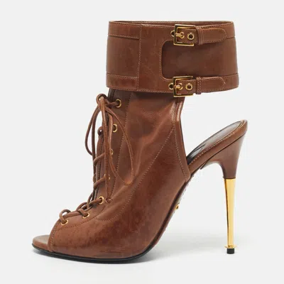 Pre-owned Tom Ford Brown Leather Cutout Ankle Length Boots Size 38