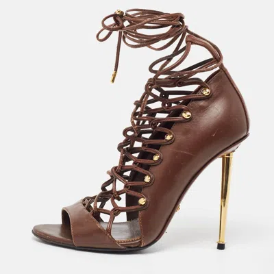 Pre-owned Tom Ford Brown Leather Lace Up Booties Size 37