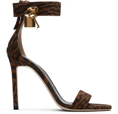 TOM FORD BROWN OCELOT-PRINT SUEDE PADLOCK HEELED SANDALS