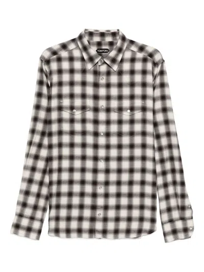 Tom Ford Brown Point Collar Checked Shirt In White