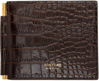 Tom Ford Brown Printed Croc Money Clip Wallet In Cognac