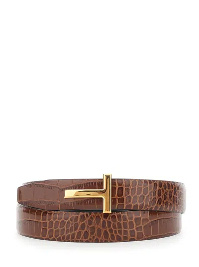 Tom Ford Brown Reversible Belt With T Buckle Closure And Embossed Crocodile Effect In Leather Man