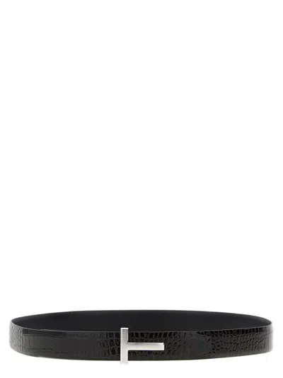 Tom Ford Brown Reversible Logo Buckle Textured Belt In Black
