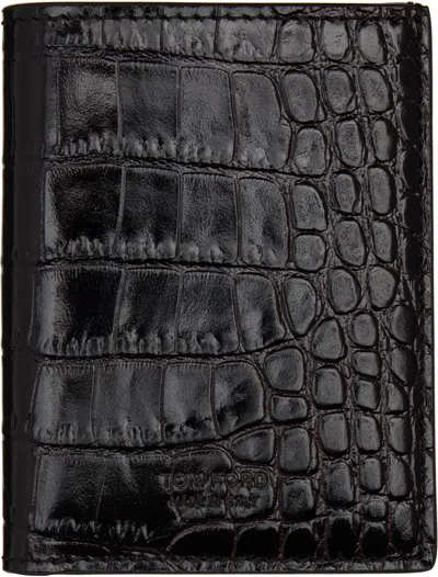 Tom Ford Brown Shiny Printed Croc T Line Card Holder