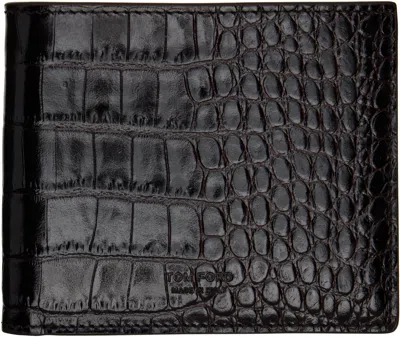 Tom Ford Brown Shiny Printed Croc T Line Classic Bifold Wallet