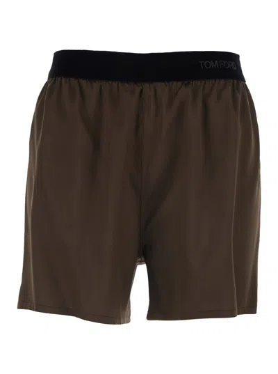 TOM FORD BROWN SHORTS WITH ELASTIC WAIST WITH LOGO LETTERING IN SILK STRETCH WOMAN