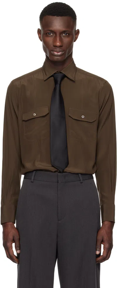 Tom Ford Brown Silk Charmeuse Military Fit Shirt In Dark Brown