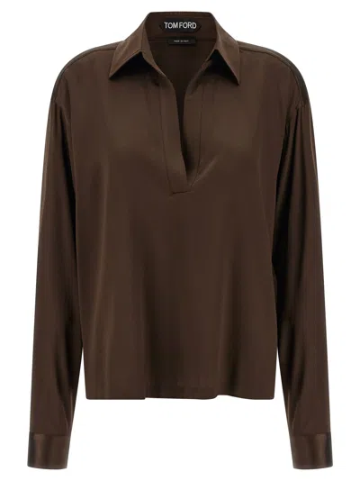 Tom Ford Women Brown Silk Polo Shirt
