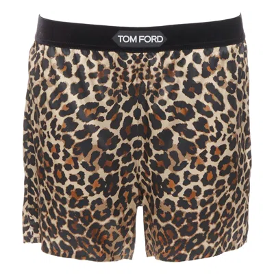 Pre-owned Tom Ford Brown Silk Satin Leopard Print Tf Logo Velvet Trim Shorts Xs
