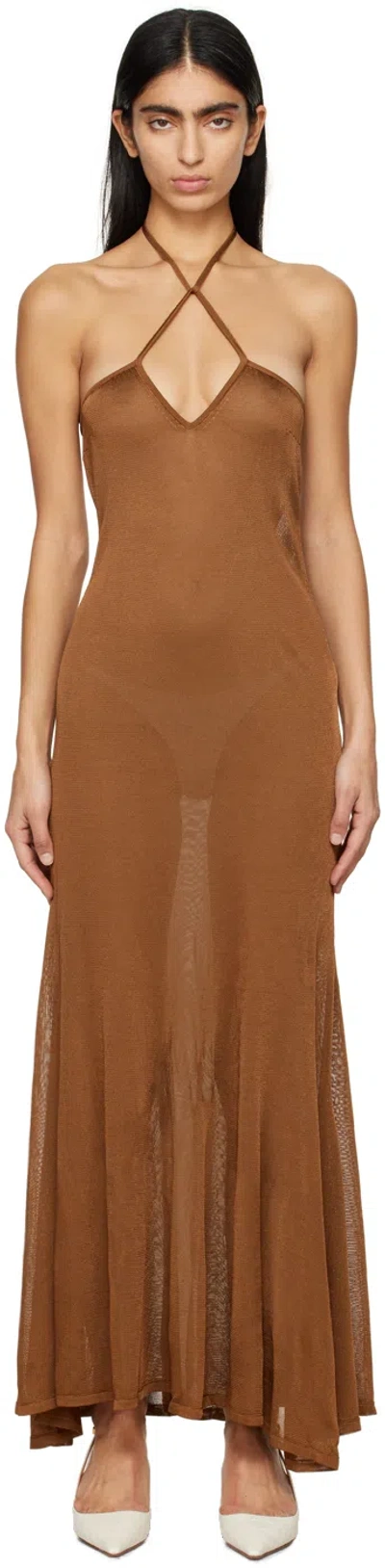 Tom Ford Slinky Viscose Jersey Knit Halterneck Maxi Dress In Brown