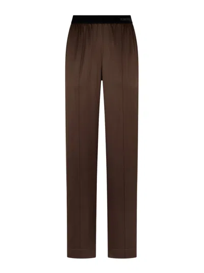 TOM FORD BROWN STRETCH SILK SATIN TROUSERS