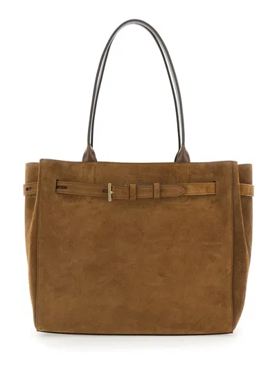 Tom Ford Brown Tote Bag With T Detail In Suede Woman