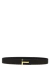 Tom Ford Black Calfskin Leather Belt With Gold T Buckle In Black