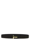 Tom Ford Black Calfskin Leather Belt With Gold T Buckle In Black