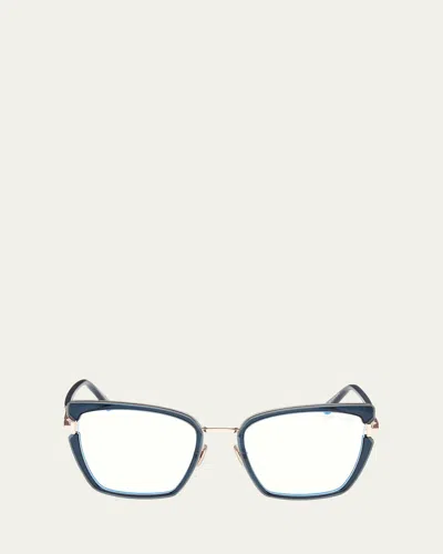 Tom Ford Butterfly Metal Blue Block Glasses In Teal Rose Gold/t Logo