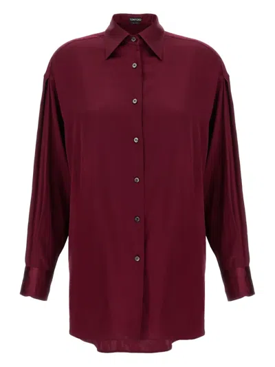 Tom Ford Stretch Silk Satin Relaxed Fit Shirt In Burgundy