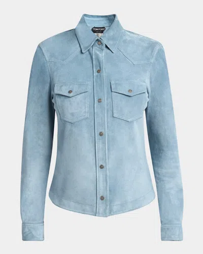 Tom Ford Button Down Suede Top In Azure