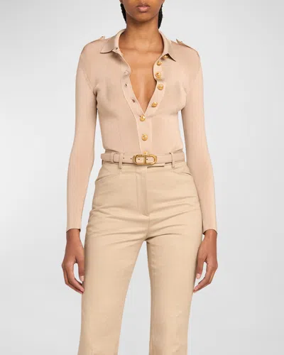 Tom Ford Button-front Polo Bodysuit In Soft Beige