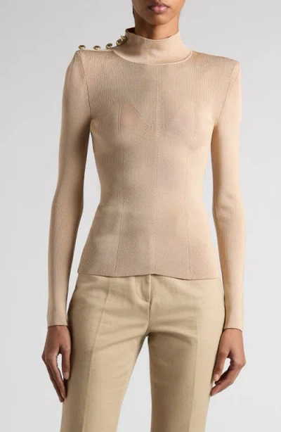 Tom Ford Button Shoulder Rib Turtleneck Top In Soft Beige