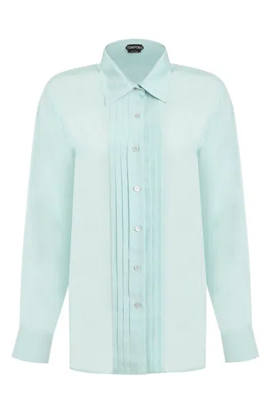 Tom Ford Plissé-detail Silk Shirt In Light Blue
