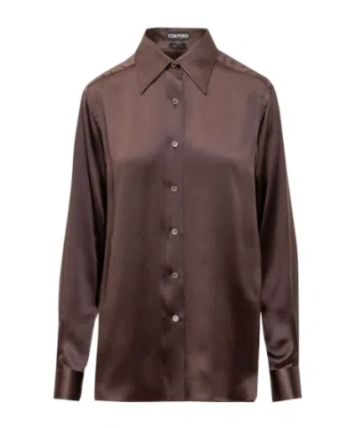 Tom Ford Fluid Silk Charmeuse Shirt In Brown