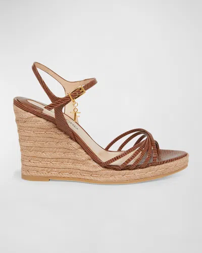 Tom Ford Cabana Lizard-embossed Wedge Espadrilles In Burnt Brown