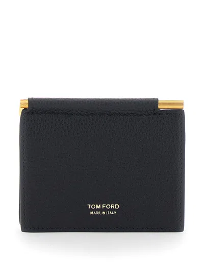 Tom Ford Calf Leather Bi-fold Wallet With Money Clip And Logo Lettering In Black