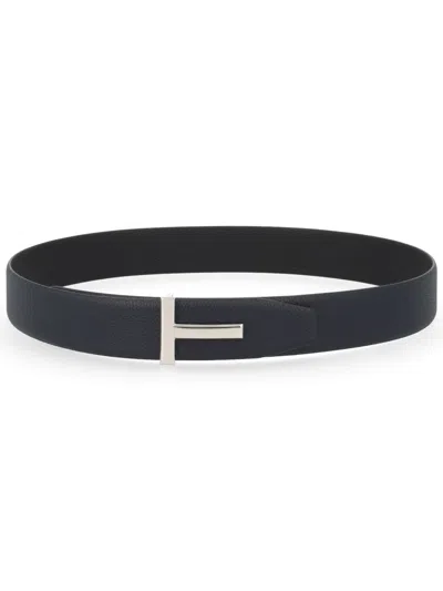 Tom Ford Calf Leather Minimalist T Buckle Belt In Black