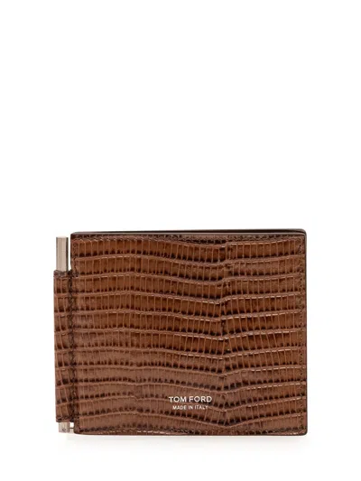 Tom Ford Calf Leather Money Clip Wallet In Caramel
