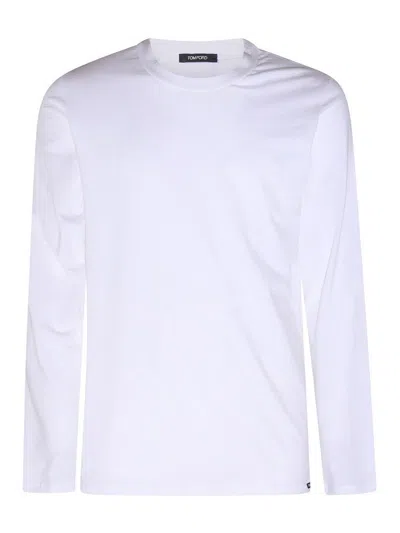 Tom Ford White Long-sleeved Basic T-shirt With Cuffs In Lyocell Blend Man In Multicolor