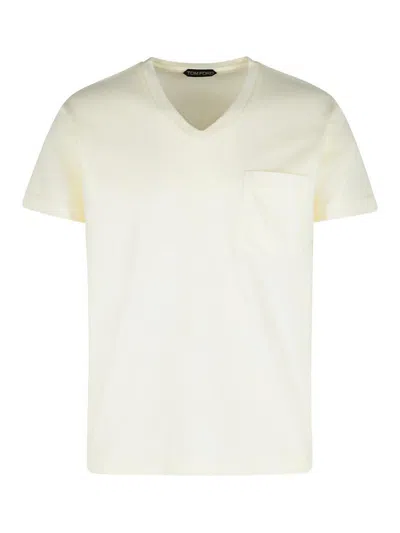 Tom Ford Cotton T-shirt V-neck Short Sleeves In Cream