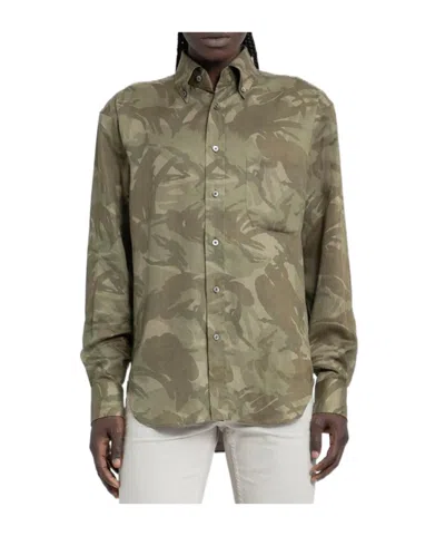 Tom Ford Camouflage Printed Curved Hem Twill Shirt In Gray